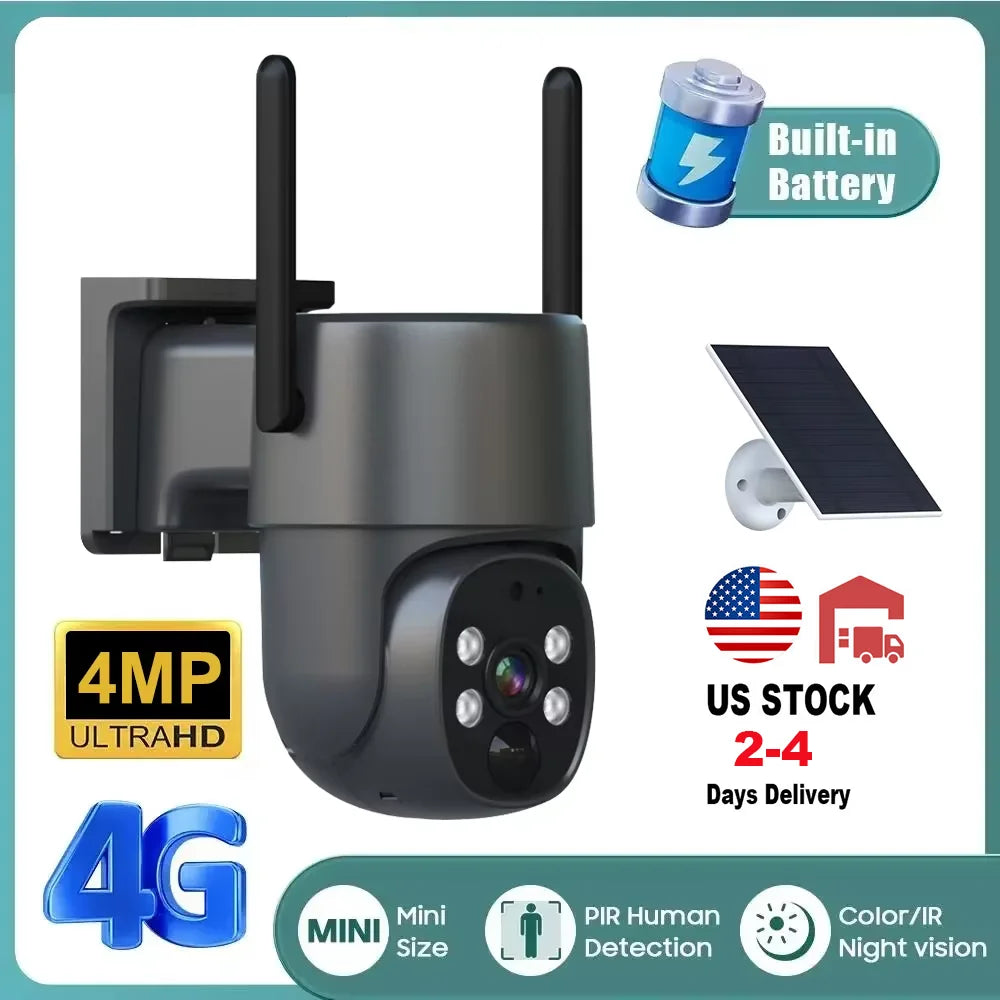 Eseecloud 4mp Outdoor Solar PTZ Camera Home Ptz Cctv Ip Security Solar Camera Security HD Mini Smart 4G SIM Card Solar Camera