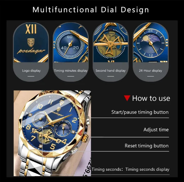 POEDAGAR 972 New Sports Watch Men Stainless Steel Man Quartz Wristwatch Waterproof Luminous Chronograph Men's Watches