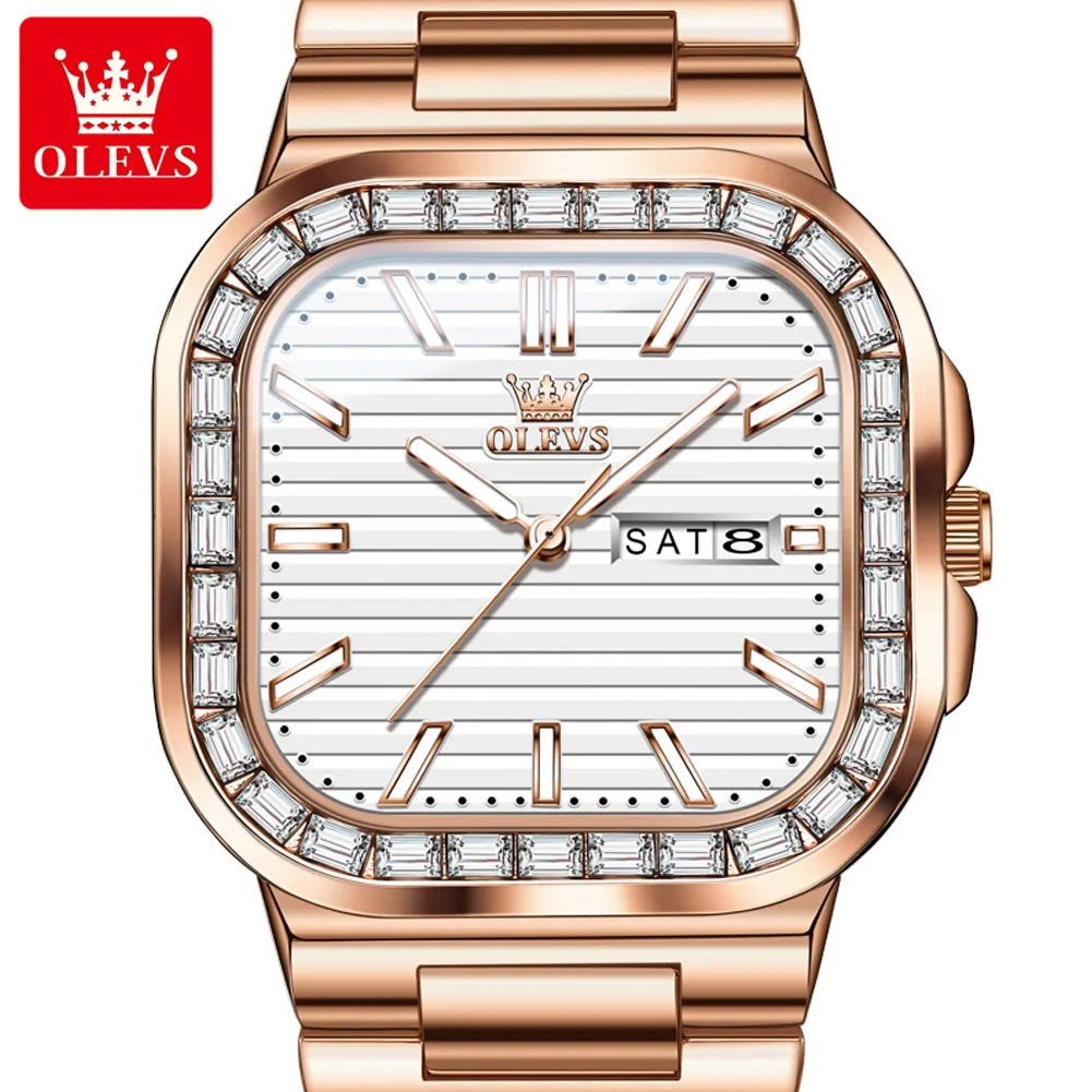 Hot OLEVS Men's Watches Rose Gold Quartz Watch for Man Waterproof Dial Square Wristwatch 9966 Original Movement Male Week Date