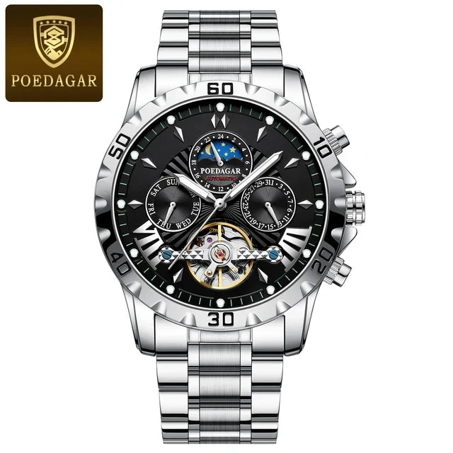 POEDAGAR Luxury Automatic Mechanical Men Watch Tourbillon Waterproof Luminous Date Week Wristwatch Stainless Steel Men's Watches