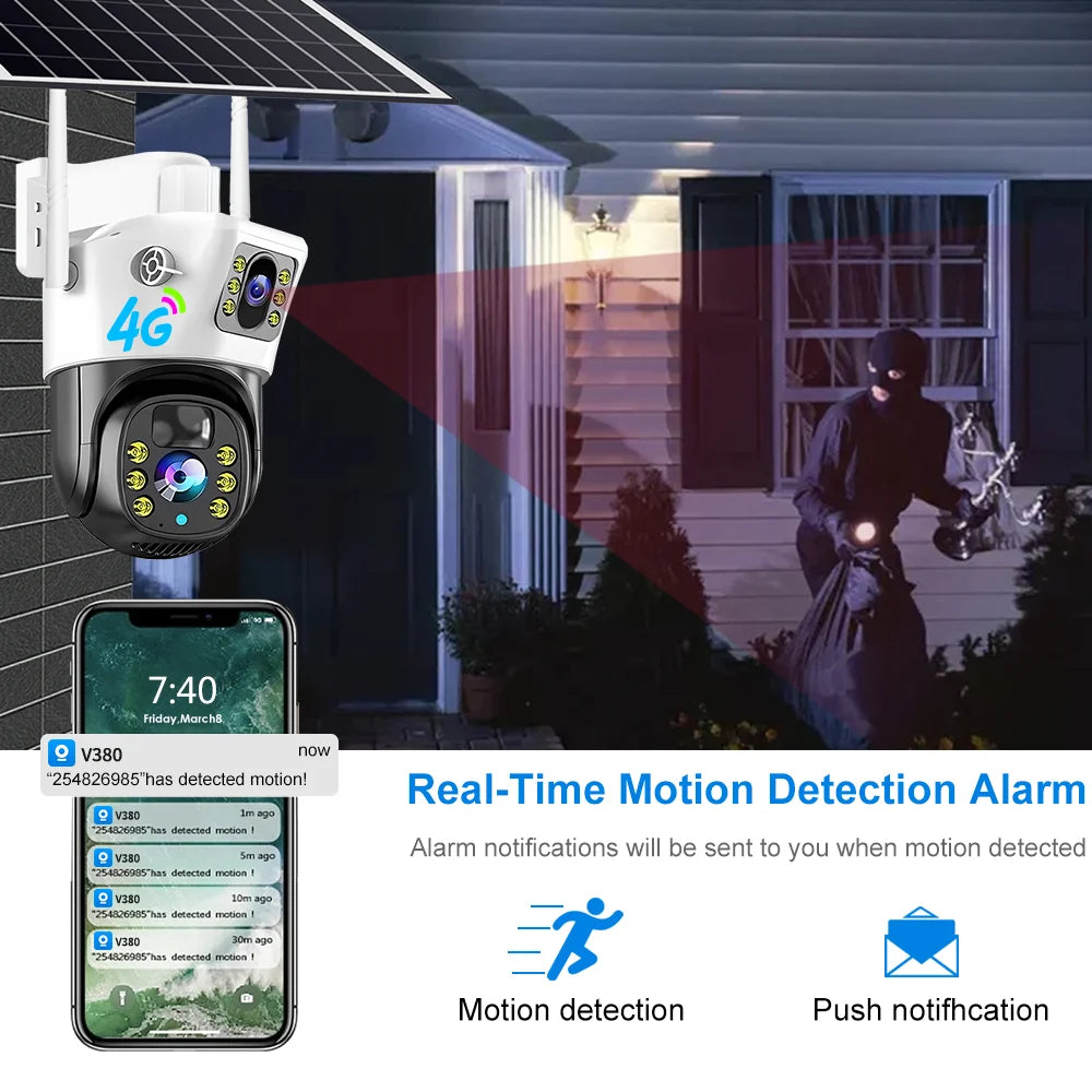 V380pro CCTV IP Camera Wifi 8W Solar Panel 8000mah Battery Solar PTZ Camera Dual Lens 4G LTE SIM Card Wireless P2P Camera CMOS