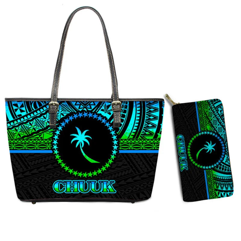 Hawaiian Flower Polynesian Design Print Women Handbags and Purses Set Customized Large Leather Tote Matching Long Zipper Wallet