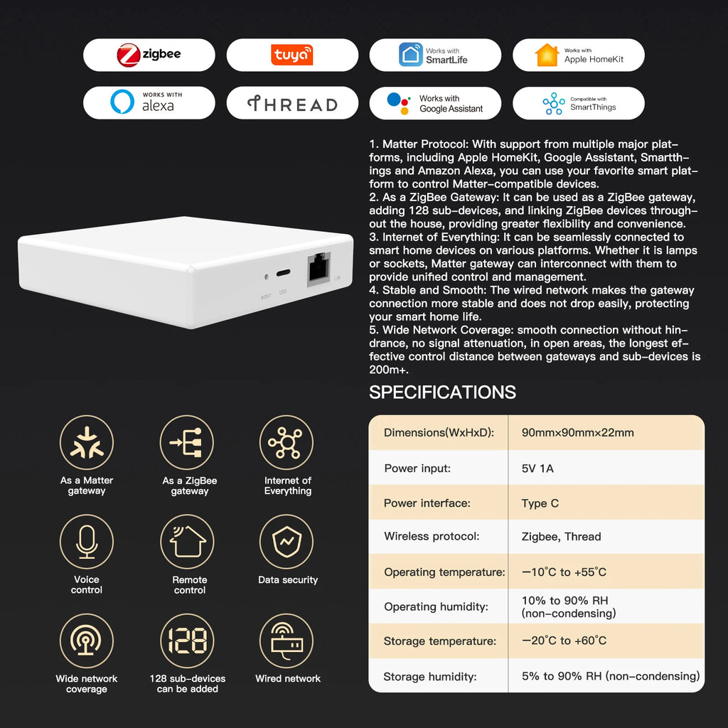 2026 Tuya Zigbee 3.0 Matter Thread Smart Home Long Distance Gateway App Hub with More Stable Wireless Wired Smart Gateway