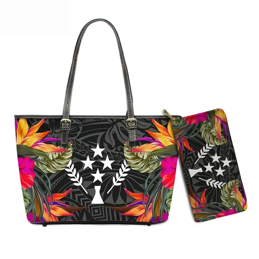 Hawaiian Flower Polynesian Design Print Women Handbags and Purses Set Customized Large Leather Tote Matching Long Zipper Wallet