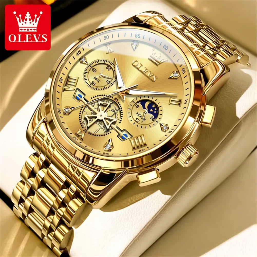 OLEVS Luxury Men's Watches Classic Roman Scale Flywheel Moon Phase Waterproof Quartz Watch for Men Classic 2856 Chronograph