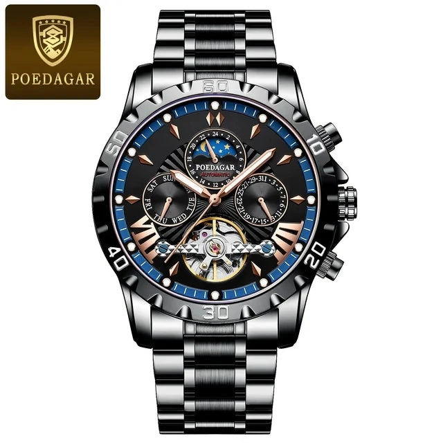 POEDAGAR Luxury Automatic Mechanical Men Watch Tourbillon Waterproof Luminous Date Week Wristwatch Stainless Steel Men's Watches