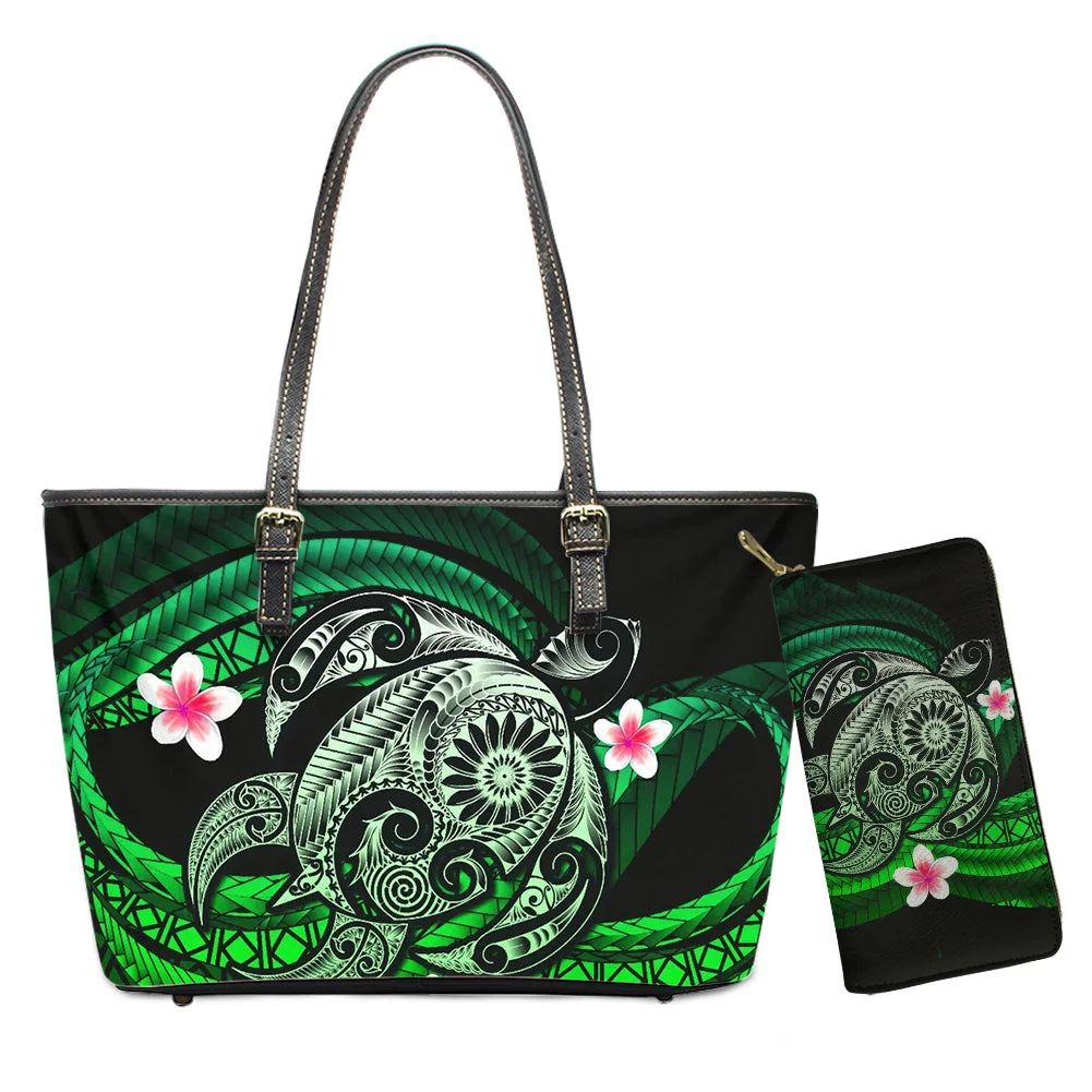 Hawaiian Flower Polynesian Design Print Women Handbags and Purses Set Customized Large Leather Tote Matching Long Zipper Wallet
