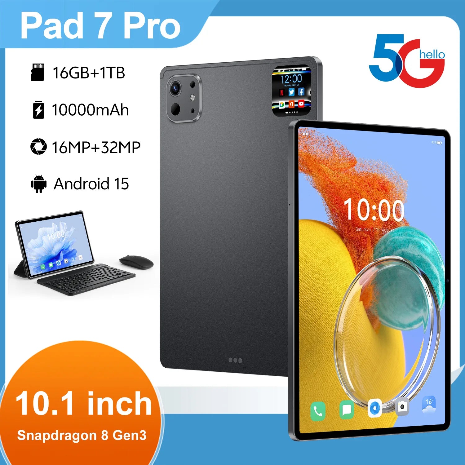 10.1 Inch Android 15 2-in-1 Tablet 16GB RAM 1TB ROM Octa-Core MTK 4G Dual SIM New 1920x1200 Business Study Education 2.0GHz Drop