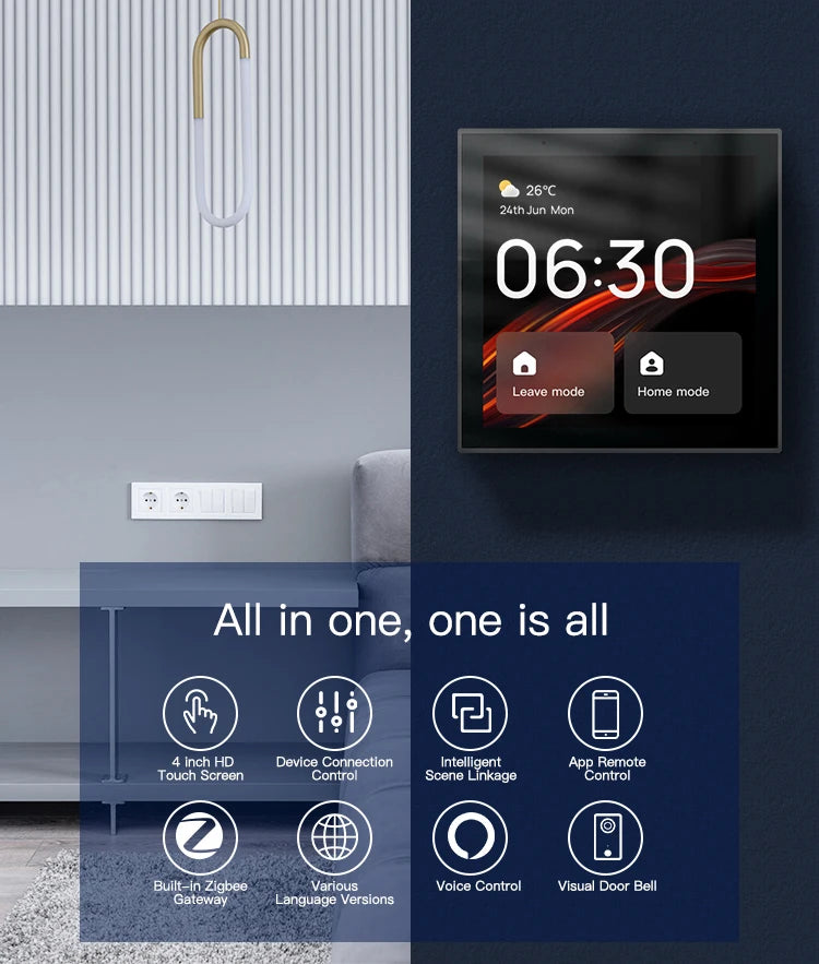 Tuya in Wall Voice Control Switch Panel Smart Home Controller with Zigbee Hub Gateway 4 Inch Touch Screen with Built-in Alexa