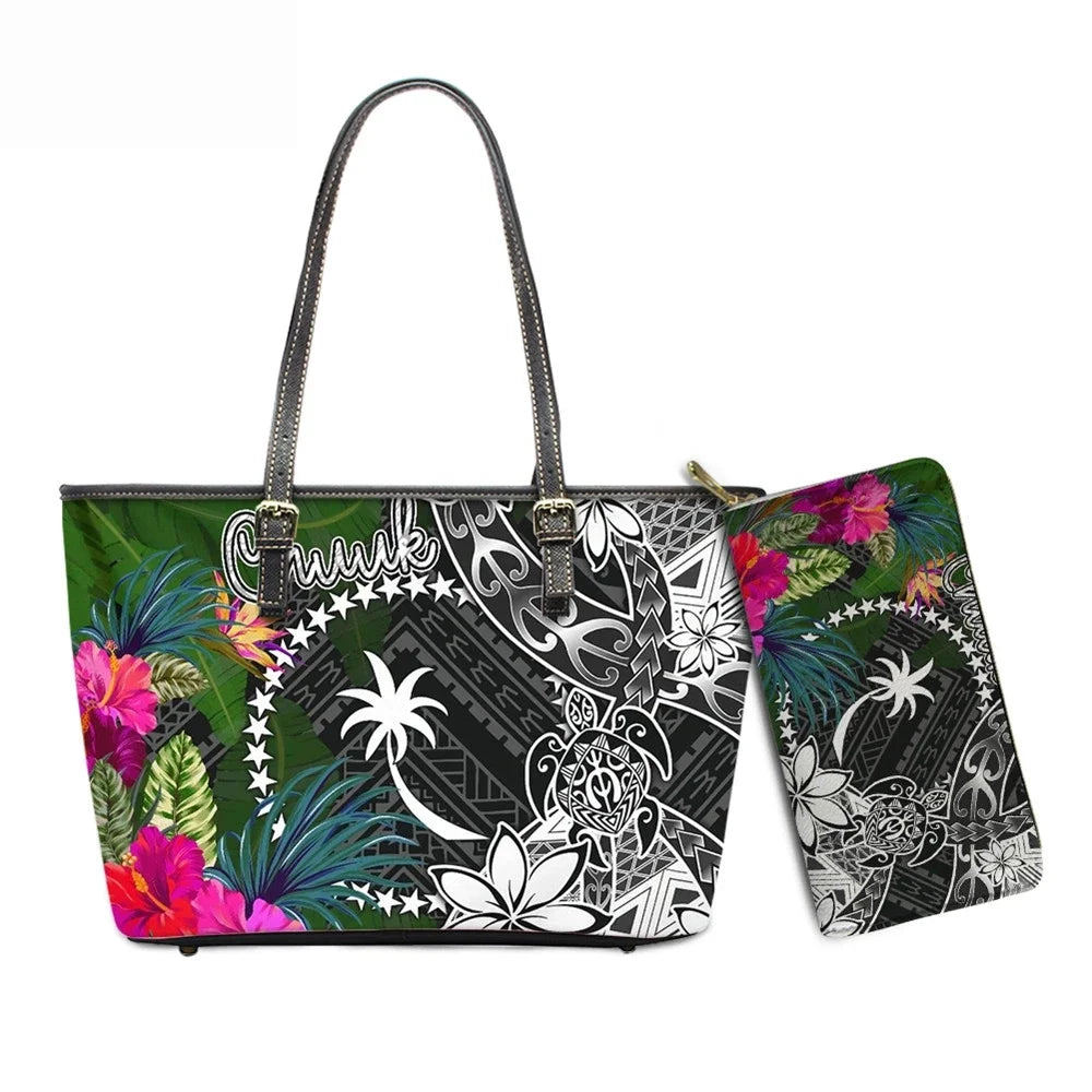 Hawaiian Flower Polynesian Design Print Women Handbags and Purses Set Customized Large Leather Tote Matching Long Zipper Wallet