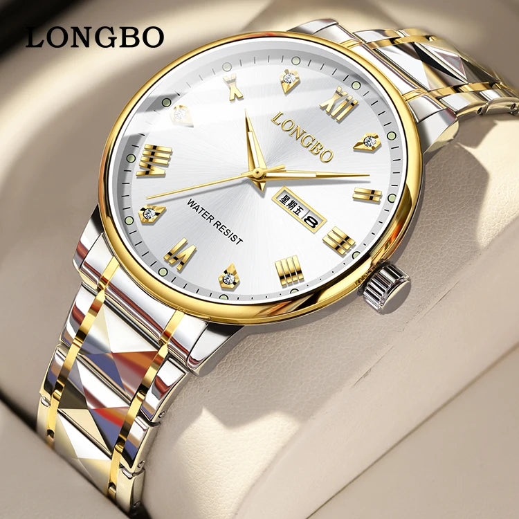LONGBO 83702 New Arrival Quartz Men Watch Fashion Classic Stainless Steel Diamond Dial Gold Belt Dual Calendar for Men's Watches