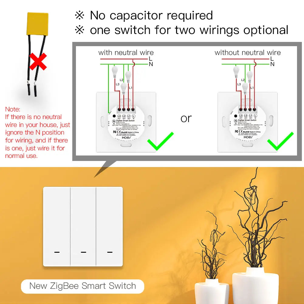 No Neutral No Capacitor Zigbee Push Button Light Wall Switches Tuya Smart Wireless Remote Control Smart Home
