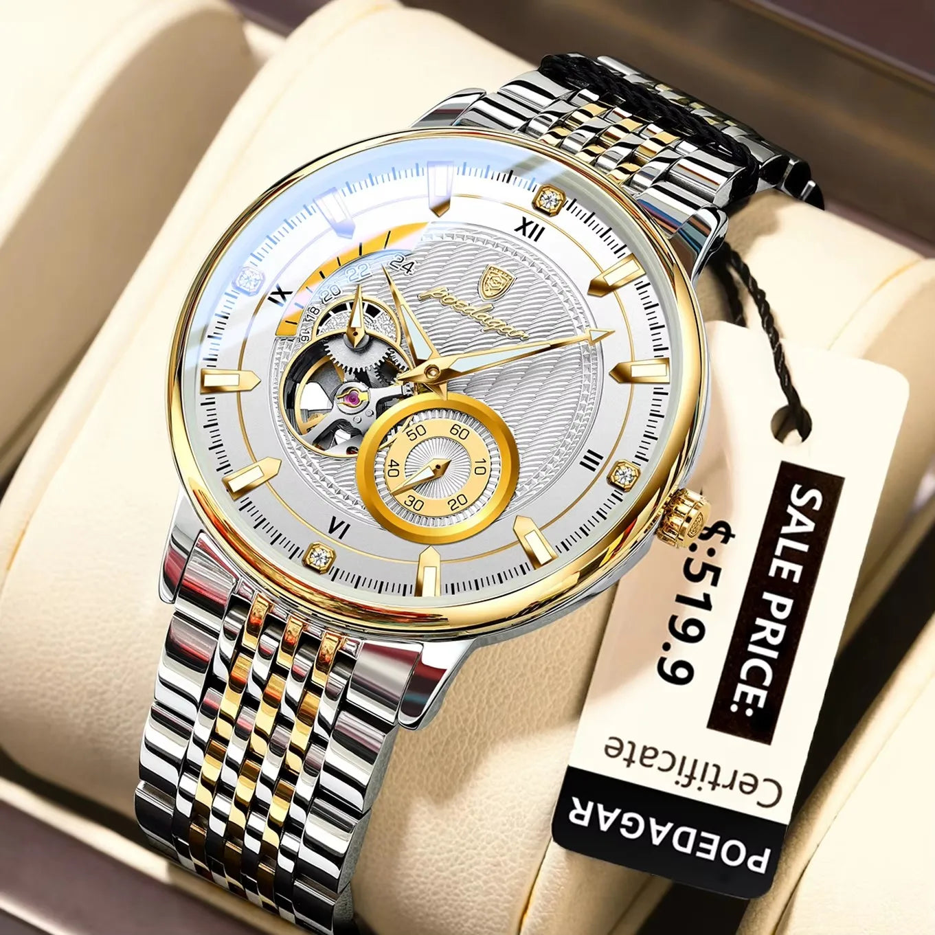 POEDAGAR 1416 Top Luxury Men Luminous Hollow Tourbillon Automatic Man Wristwatch Mechanical Stainless Steel Men's Watches Reloj