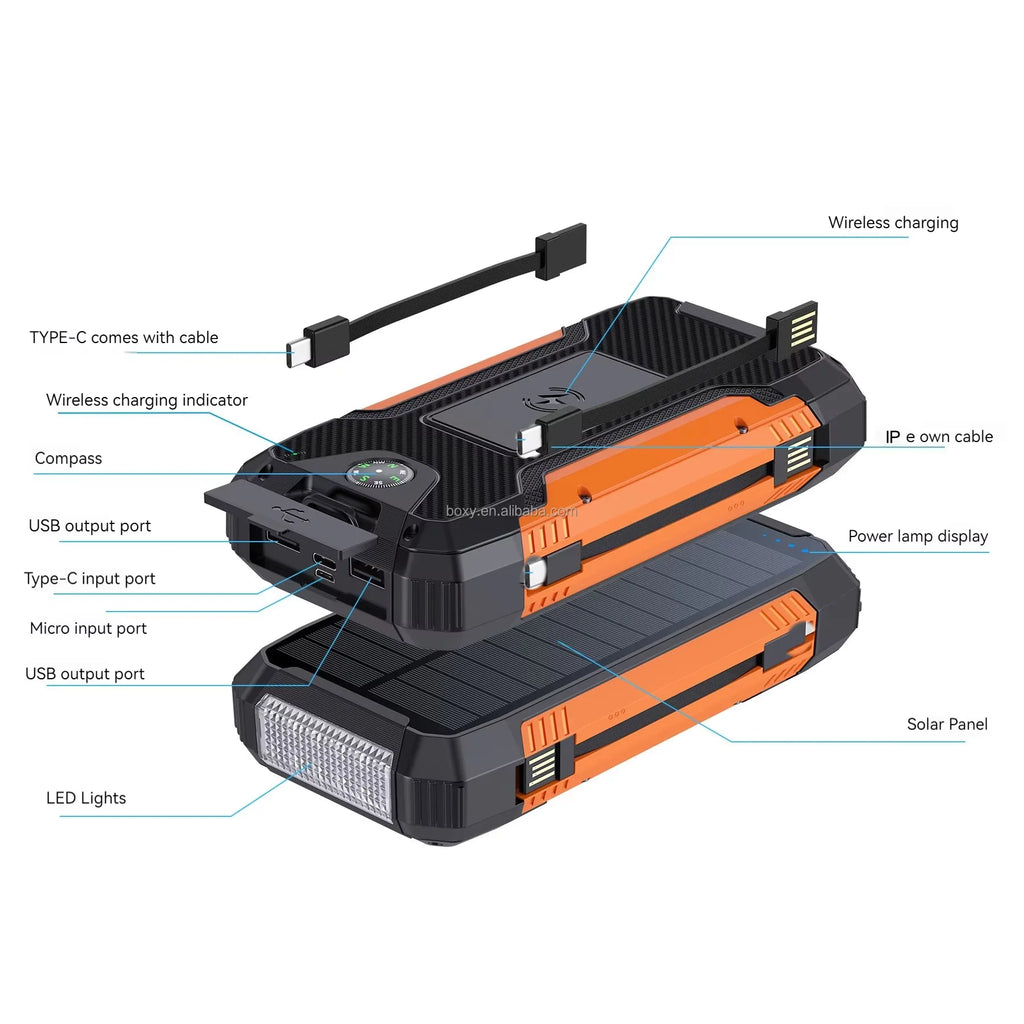 OEM Factory Wholesale 30000mAh Solar Power Bank 22.5W PD20W  Wireless 15W Fast Charge Portable Solar Panel Power Bank for Phone