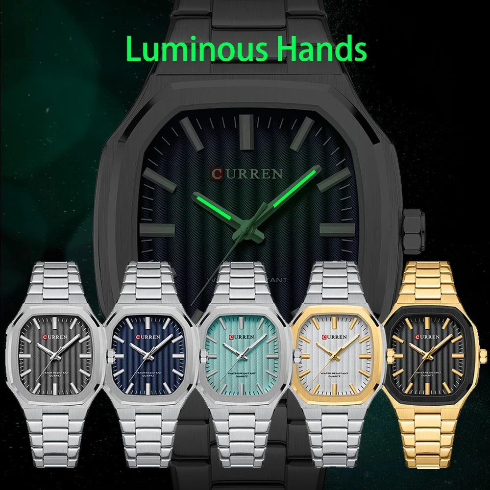 Curren 8458 Square Casual Men's Watches Stainless Steel Bracelet Simple Business Clock Luminous Hands Quartz Wristwatch for Men