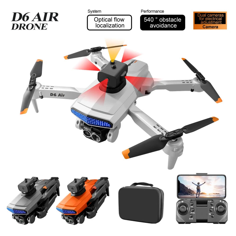 D6 air Drone 4K HD Dual Camera WiFi FPV Obstacle Avoidance Optical Flow Foldable Quadcopter RC Drone Toys