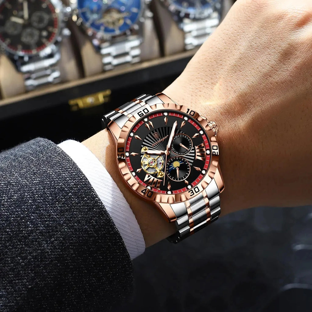 POEDAGAR 1415 Mechanical Watch Multi-functional Moon Phase Original Stainless Steel Automatic Luminous Waterproof Men's Watches