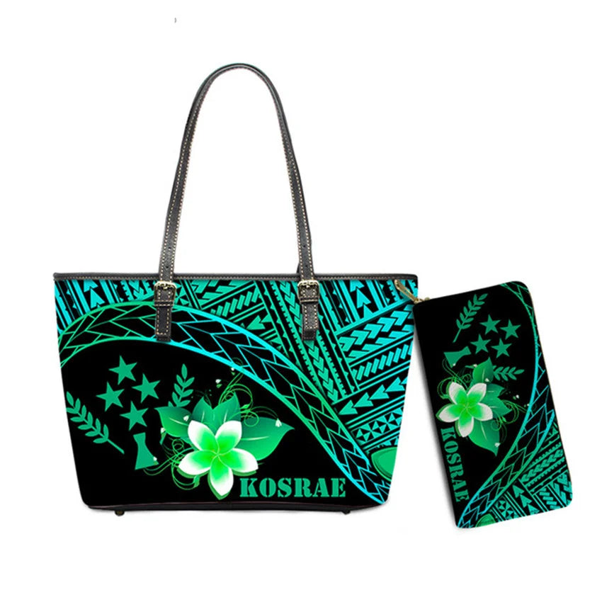 Hawaiian Flower Polynesian Design Print Women Handbags and Purses Set Customized Large Leather Tote Matching Long Zipper Wallet