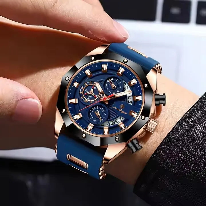 POEDAGAR 913 Luxury Men Watch Waterproof Luminous Date Sport Man Wristwatch Chronograph Silicone Strap Quartz Men's Watches