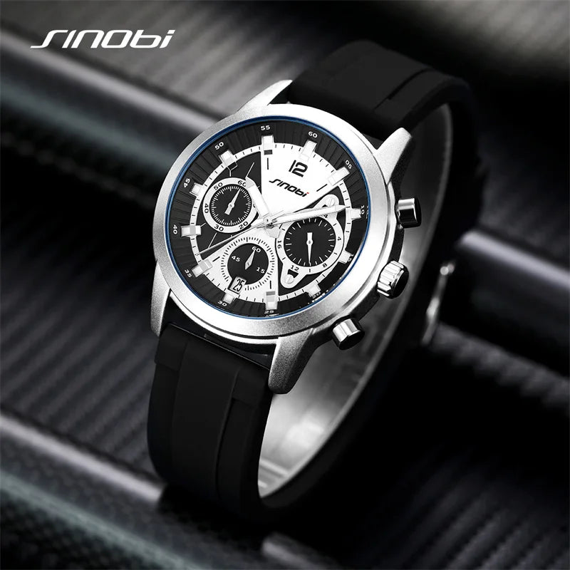 SINOBI Luxury Watch for Men Waterproof Luminous Date Chronograph Man Watch Sport Quartz Silicone Men's Watches With Box