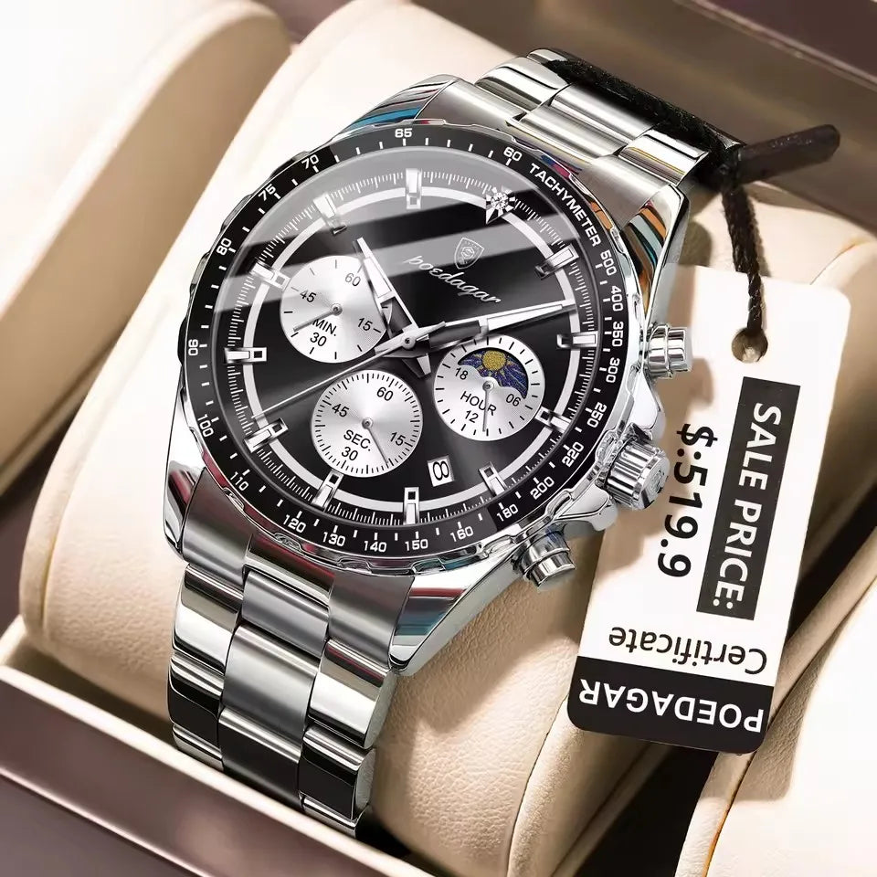 POEDAGAR 879 Stainless Steel Original Men Clock Sports Watch Waterproof Luminous Chronograph Date Man Quartz Men's Watches Reloj