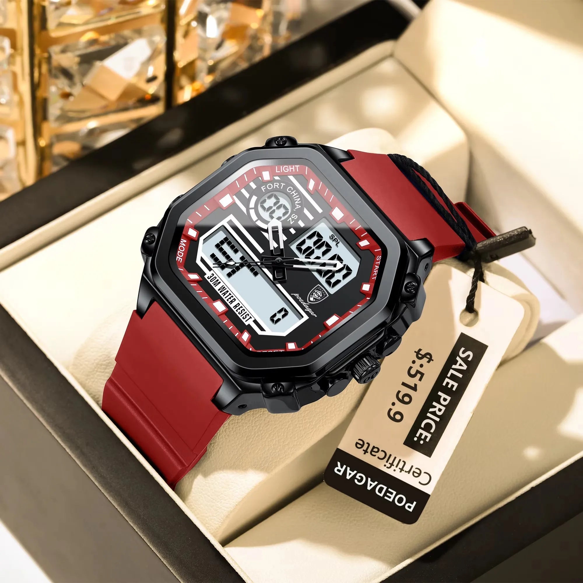 POEDAGAR 993 Sports LED Men Watch Waterproof Luminous Week Date Square Wristwatch Silicone Strap Electronic Quartz Men's Watches