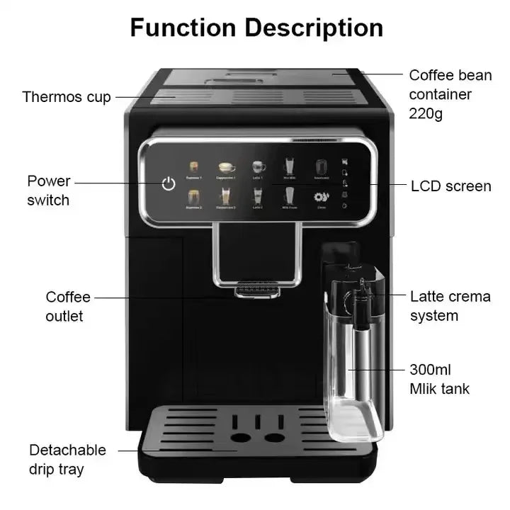 Mini Electric Programmable Commercial Automatic Coffee Machine One Button Bean to Cup Cappuccino Maker with Milk Tank