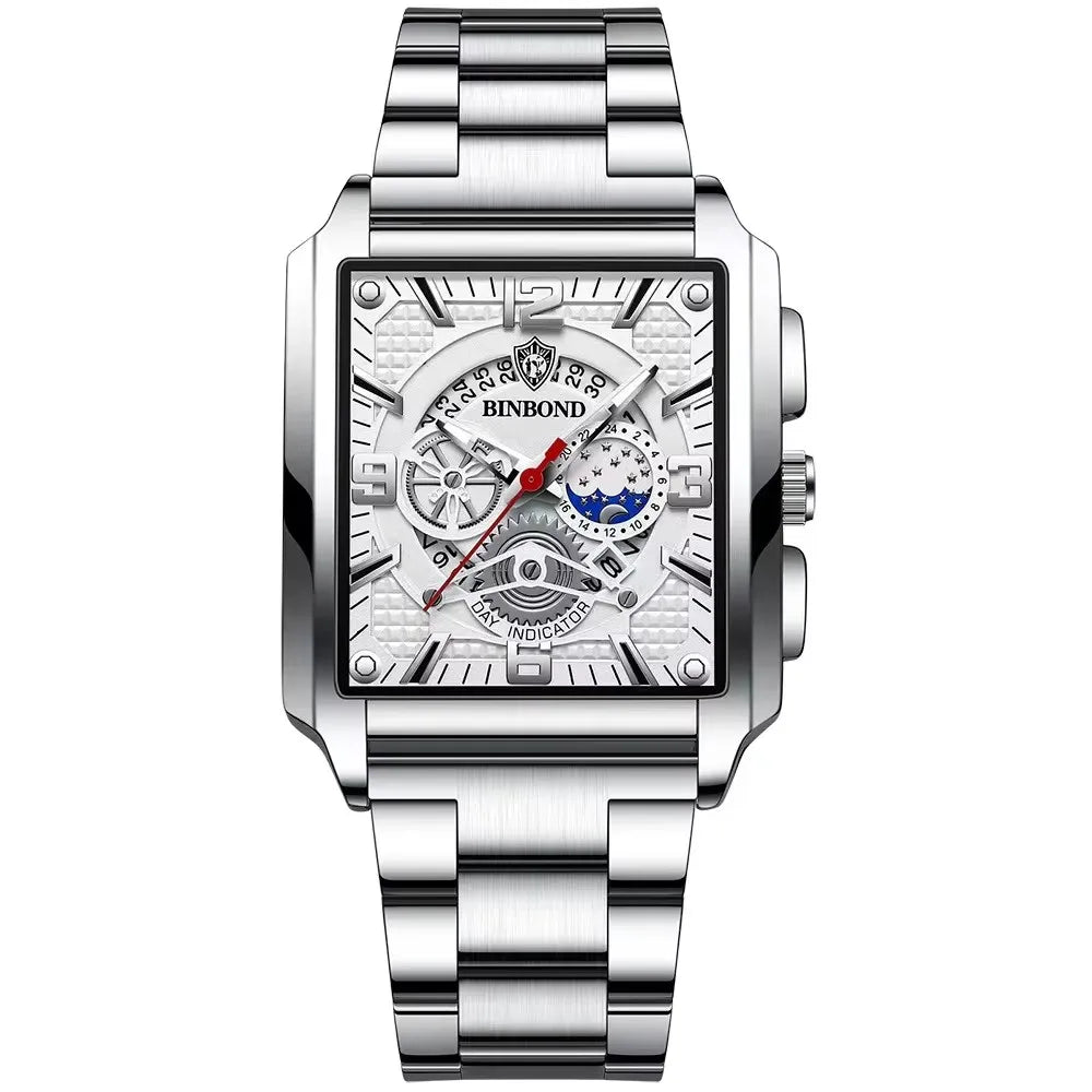 Binbond B6575 6575 Watch Stainless Steel Quartz Wrist Genuine Casual Square Waterproof Leather Belt Luminous Hands Men's Watches
