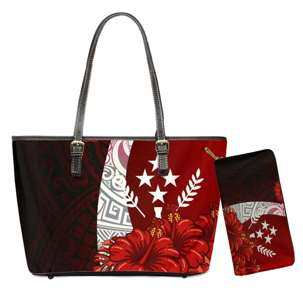 Hawaiian Flower Polynesian Design Print Women Handbags and Purses Set Customized Large Leather Tote Matching Long Zipper Wallet