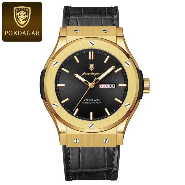 POEDAGAR 952 Fashion Men's Watches Trend Classic New Quartz Watch for Man Waterproof Luminous Week Date Wristwatch Leather