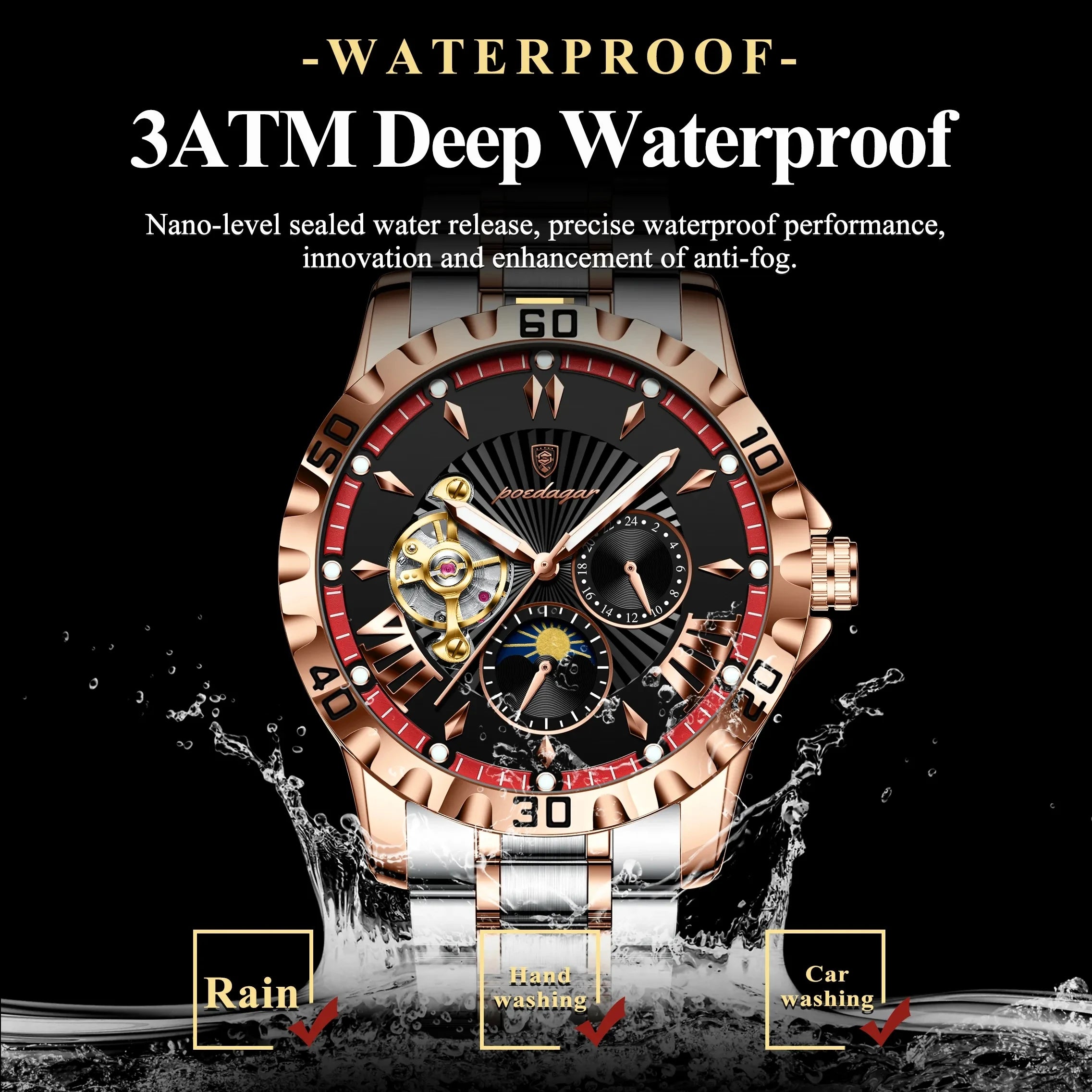 POEDAGAR 1415 Automatic Mechanical Man Watch Waterproof Luxury Men Hollow Out Tourbillon Luminous Stainless Steel Men's Watches
