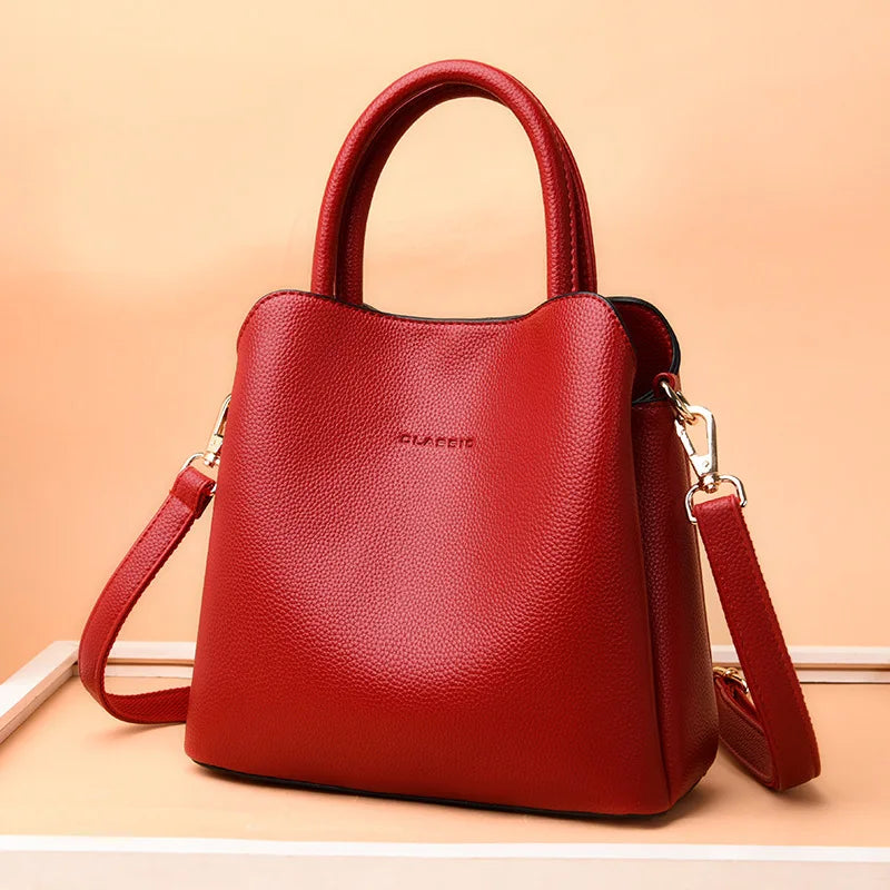 Women's Stylish Casual Tote Bag PU Leather Zipper Closure Three-layer Pockets Crossbody Shoulder Strap 2024