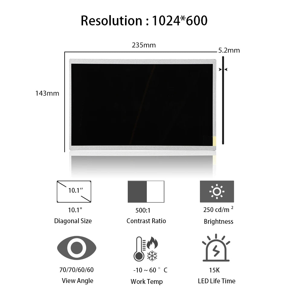 Original AUO 10.1'' 1024*600 LCD Display Smart Home Central Control Panel 10.1 Inch LCD Modules