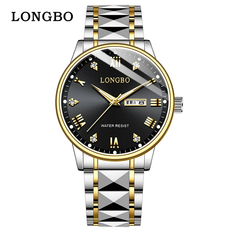 LONGBO 83702 New Arrival Quartz Men Watch Fashion Classic Stainless Steel Diamond Dial Gold Belt Dual Calendar for Men's Watches