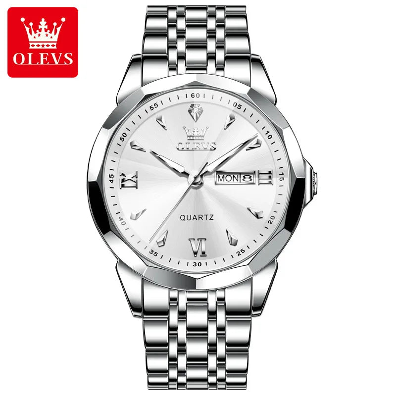 OLEVS 9998 Luxury Male Dual Calendar Luminous Wristwatch Fashion Original Men's Watches Waterproof Stainless Steel Quartz Watch