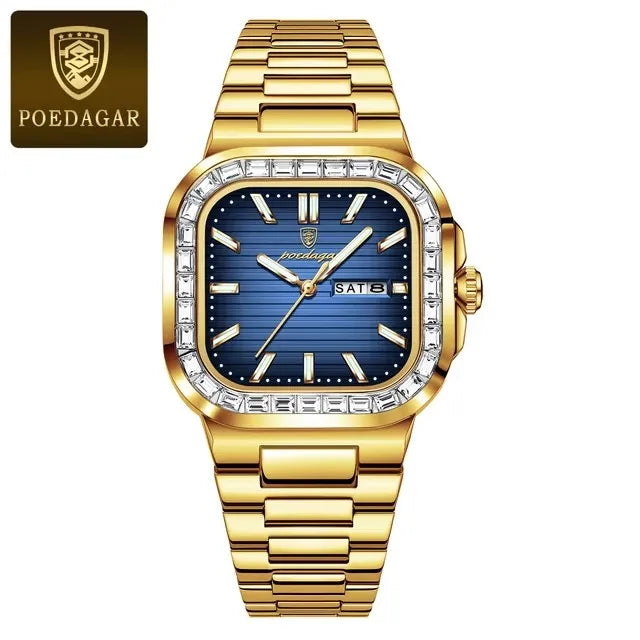 POEDAGAR Luxury Watch for Men Waterproof Luminous Date Week Man Wristwatch Stainless Steel Square Diamond Quartz Men's Watches