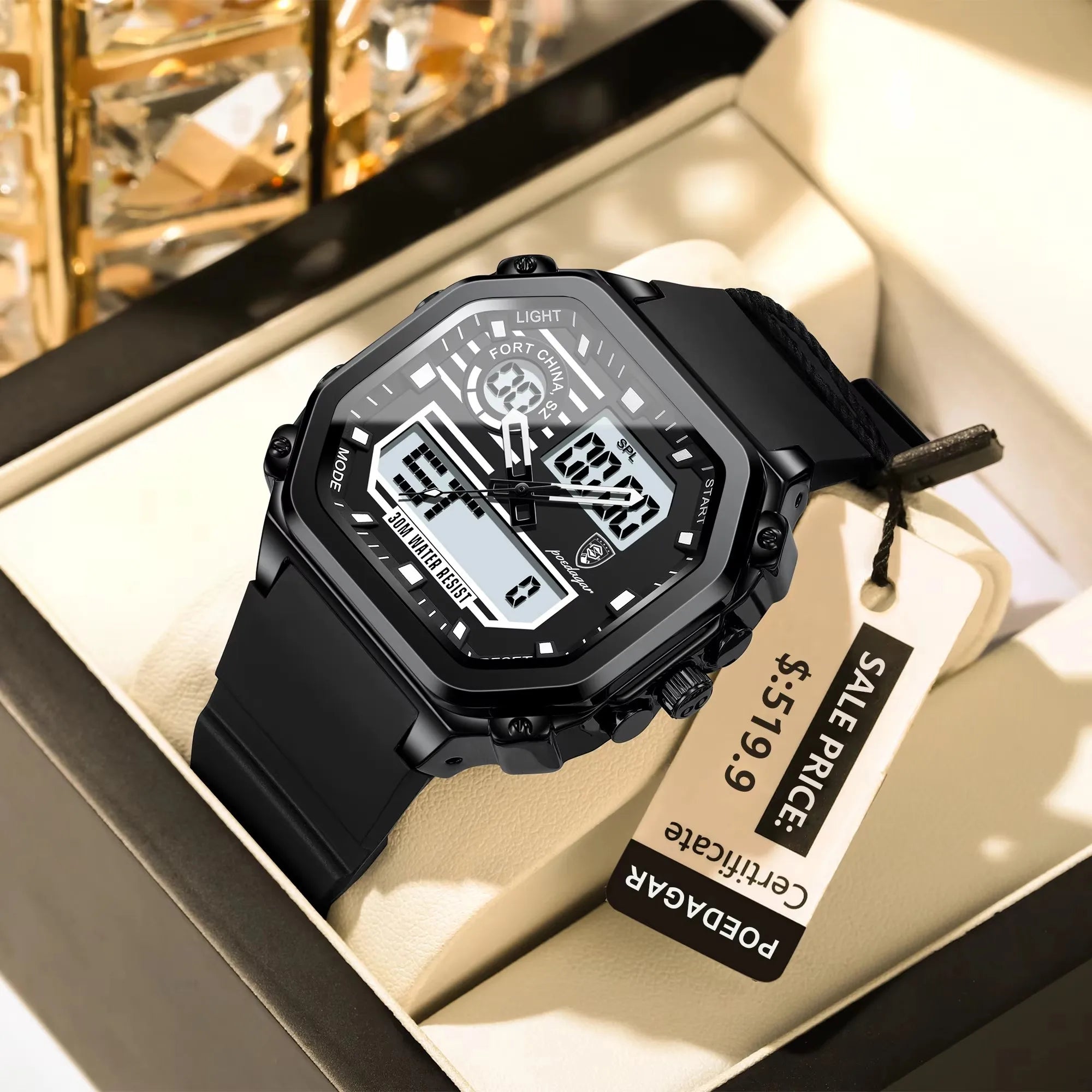 POEDAGAR 993 Silicone Strap Electronic Quartz Men's Watches Sports LED Men Watch Waterproof Luminous Week Date Square Wristwatch