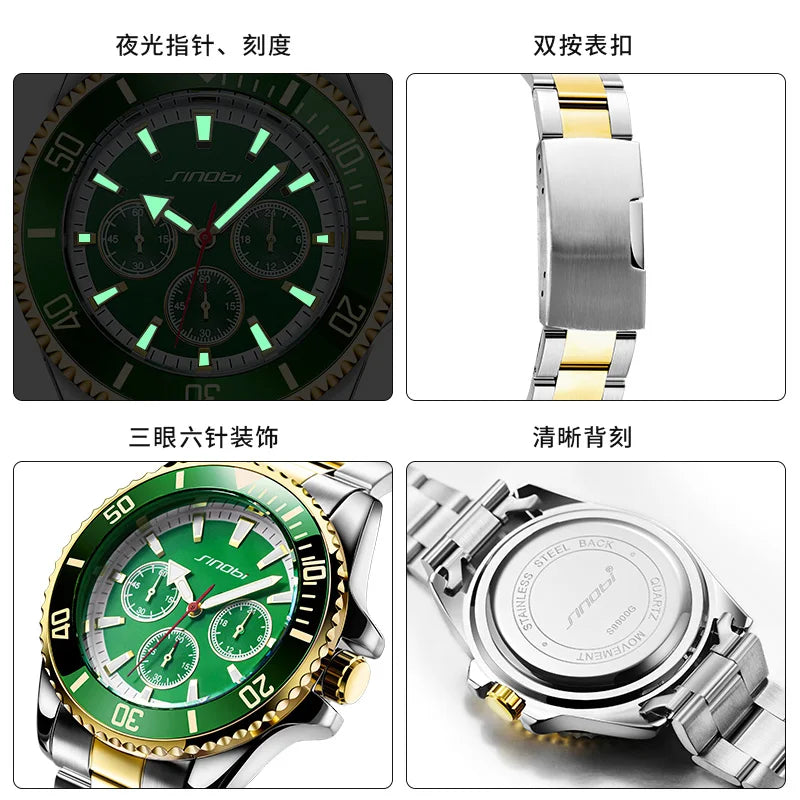 SINOBI Luxury Men Watch Business Quartz Watches Sports Waterproof Luminous Hands Stainless Steel Men's Watches