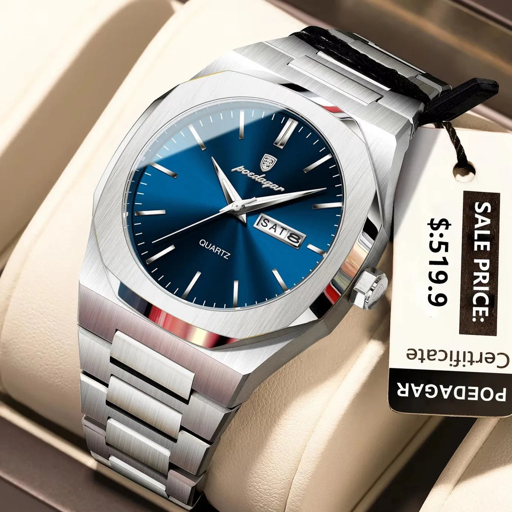 POEDAGAR 825 Men Waterproof Luminous Week Man Watch Quartz Men's Watches Luxury Casual Stainless Steel Fashion Sports Wristwatch