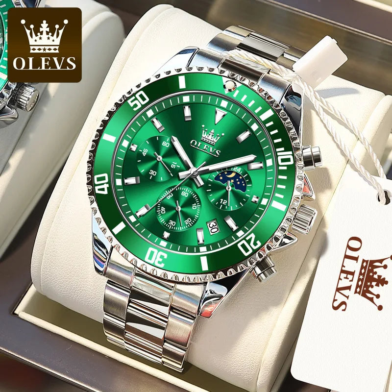 OLEVS 2870 Luxury Quartz Watch for Men Stainless Steel Waterproof Top Men's Watches Moon Phase Date Chronograph Sports Man Watch