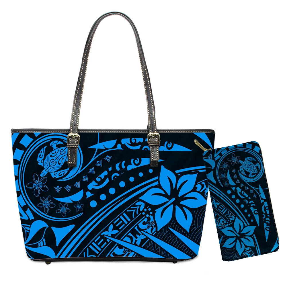Hawaiian Flower Polynesian Design Print Women Handbags and Purses Set Customized Large Leather Tote Matching Long Zipper Wallet