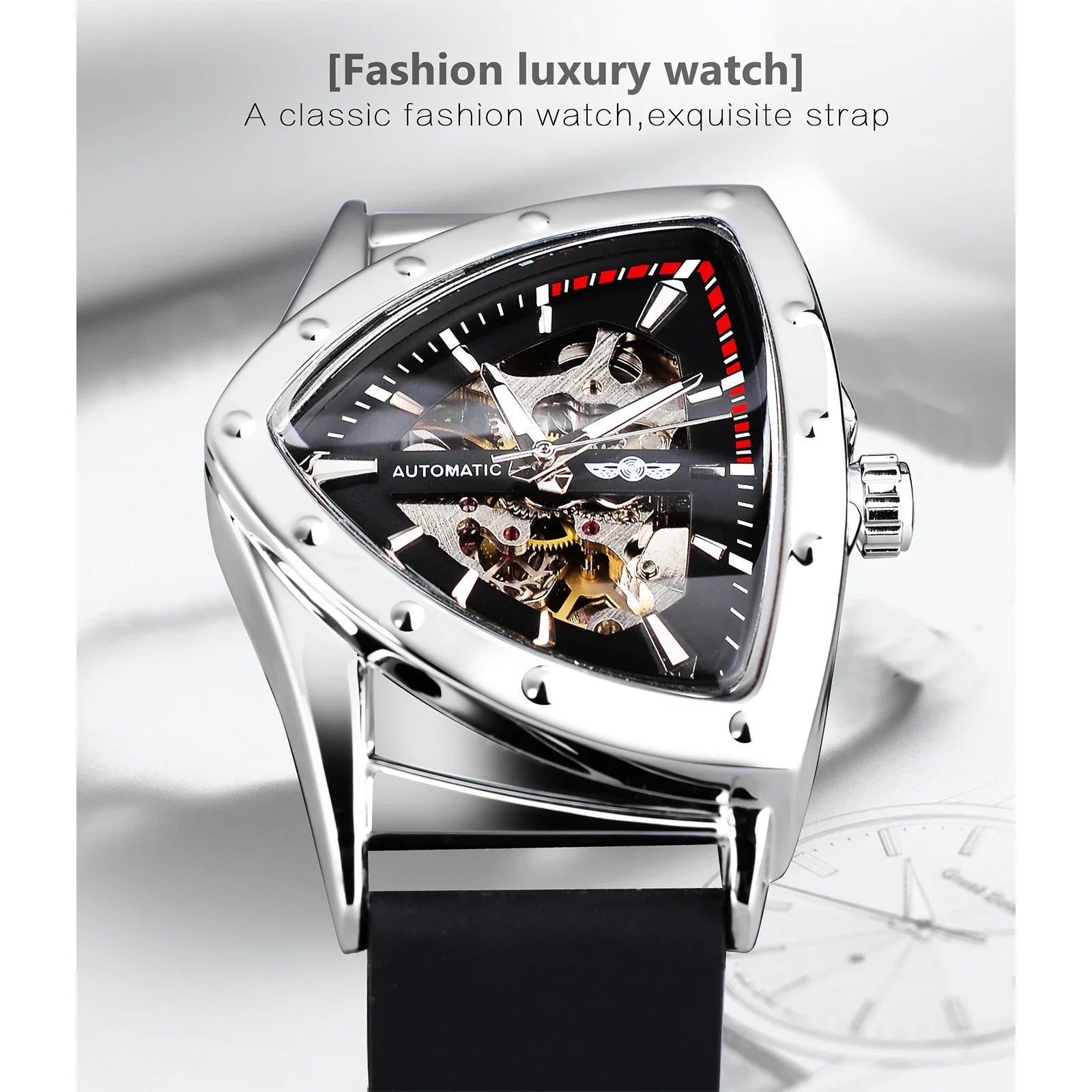 WINNER Sport Style Men's Watches Transparent Mechanical Watch Triangle Automatic   With Luminous Pointers