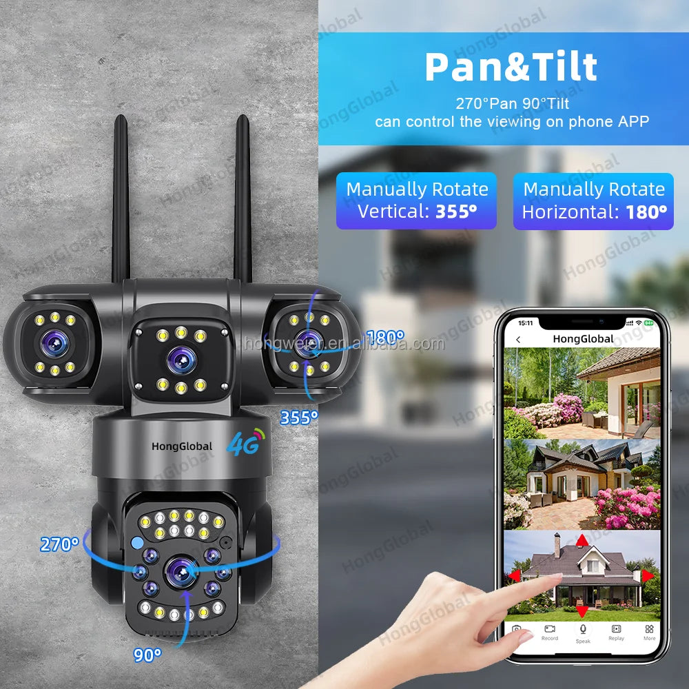 HongGlobal 6MP 360 Network Surveil PTZ 3Lens 4G LTE Network Camera Home Indoor Security Outdoor V380 Pro 4G Sim Card CCTV Camera