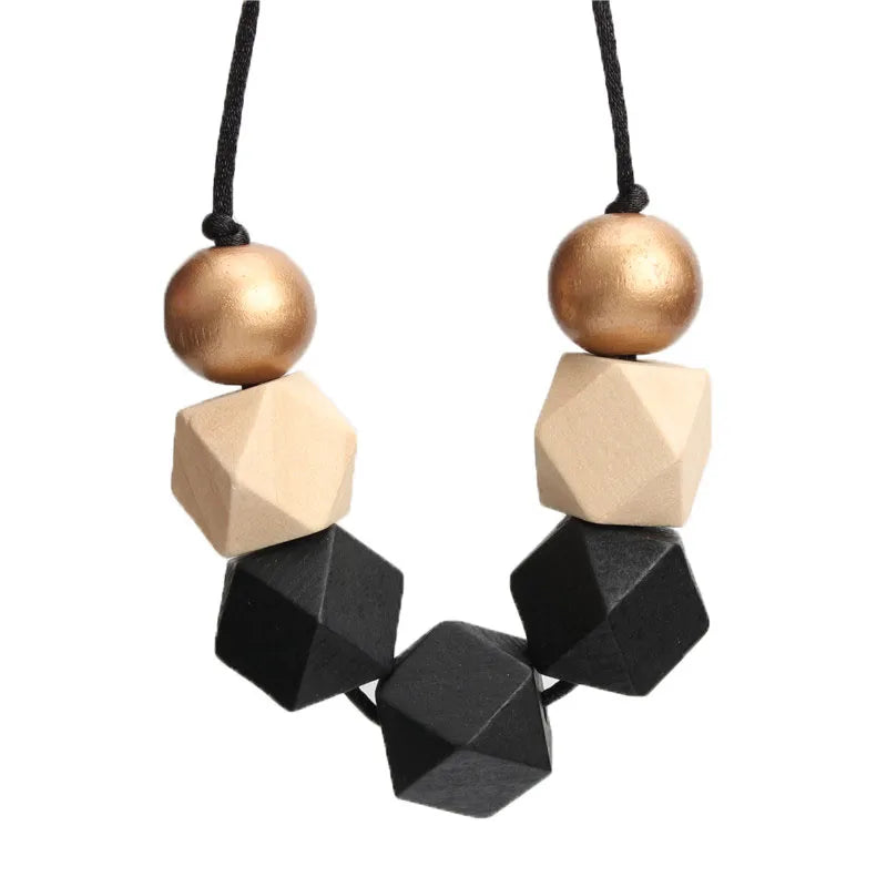 New Wood Geometric Necklace Painted Chunky Faceted Wooden Beads Ball Chunky Leather Cord Brown Black Statement