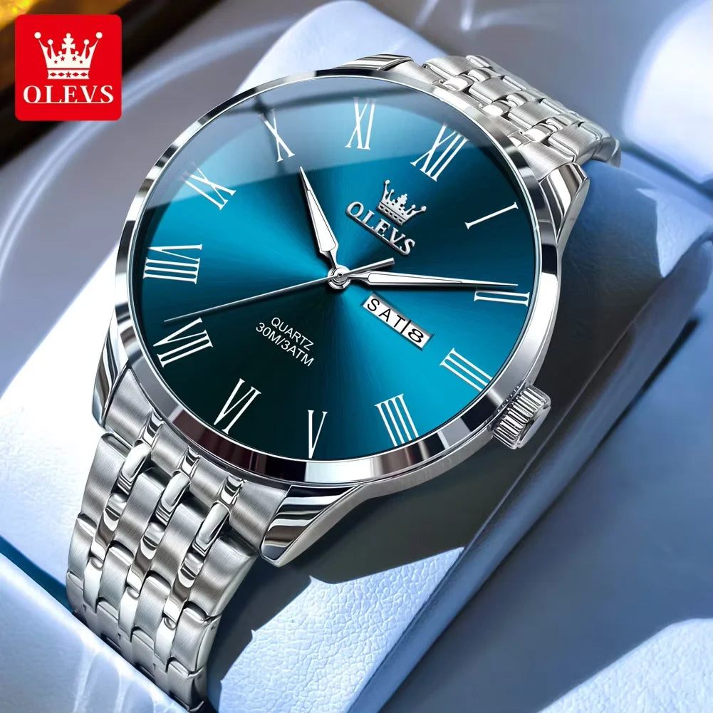 OLEVS 3633 Men's Watches Stainless Steel Business Quartz Watch for Man Waterproof Luminous Dual Calendar Display Wristwatch