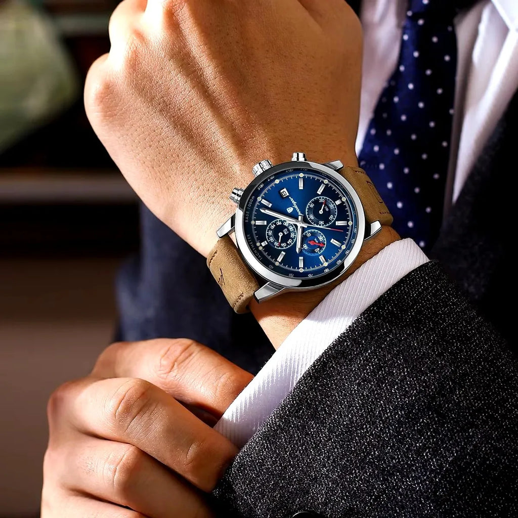 POEDAGAR 932 Men's Watches Casual Fashion Quartz Watch for Man Waterproof Leather Luminous Date Chronograph New