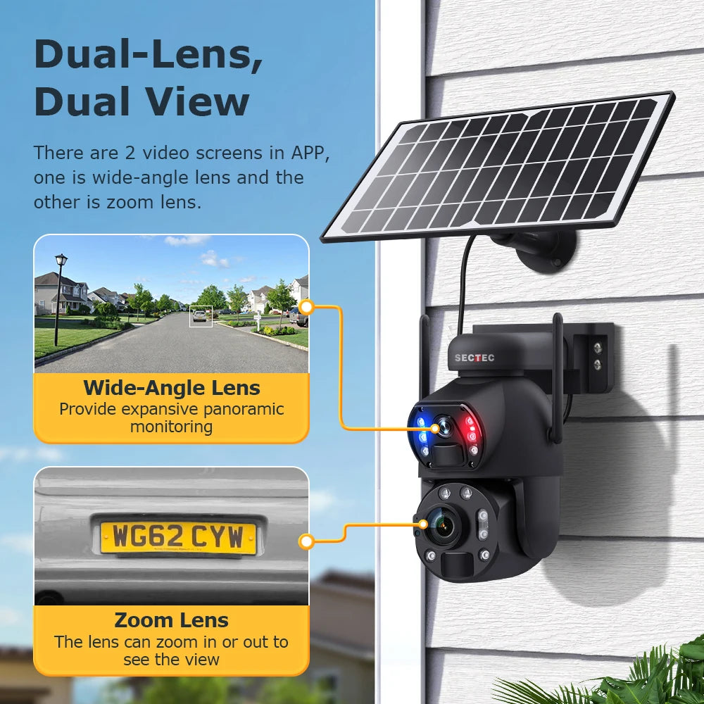 SECTEC Home Outdoor Security IP66 Waterproof Battery 36X Zoom 4G Camera Wifi Metal Dual Lens Laser Infrared Solar Outdoor Camera
