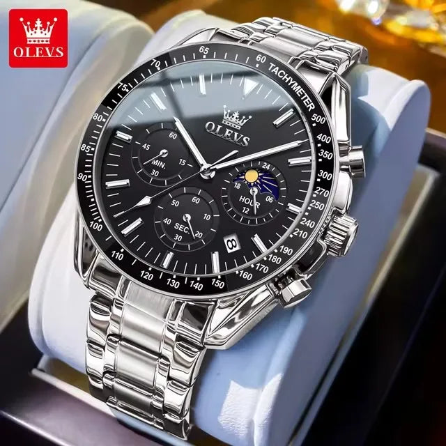 OLEVS Watch for Men 3618 Quartz Stainless Steel Waterproof Moon Phase Chronograph Man Wrist Watch Calendar Men's Watches Montre