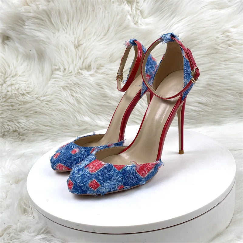 2025 Customized Denim Sandals for Women Red Bottom Stilettos 10CM 12CM New High Thin Heels Pointed Toe Style Autumn Waterproof