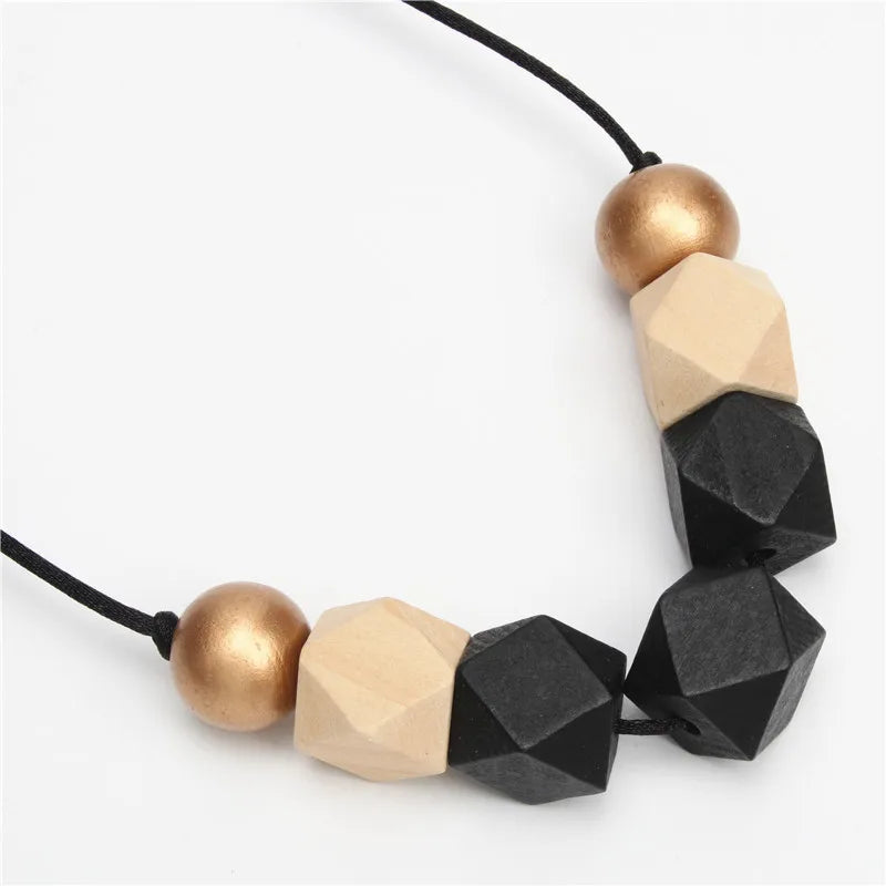 New Wood Geometric Necklace Painted Chunky Faceted Wooden Beads Ball Chunky Leather Cord Brown Black Statement